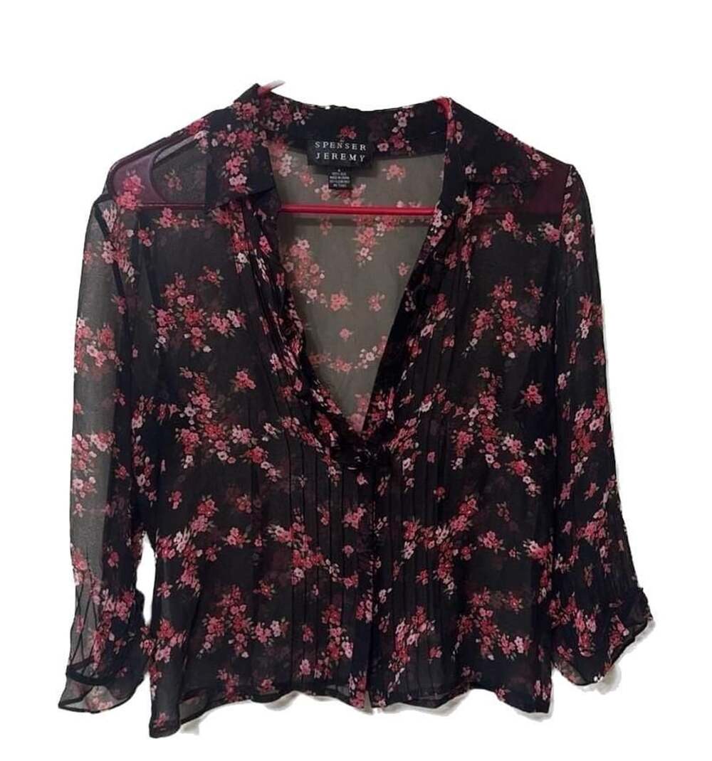 Spenser Jeremy 100% Silk Floral Sheer Pleated Blouse Size 4